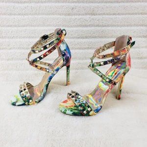 Sexy Riot Colorful Patent Gold Stud Cross Strap Sandal Shoe 4.5" Stiletto Heels